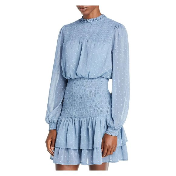 Aqua‎ Dress Medium Blue Metallic Smocked Mock Neck Tiered Long Sleeve Fit Flare - Picture 1 of 11